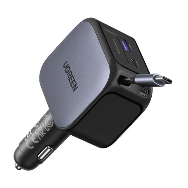 Cargador de Carro Ugreen EC604 Retráctil 2× USB-C + USB-A